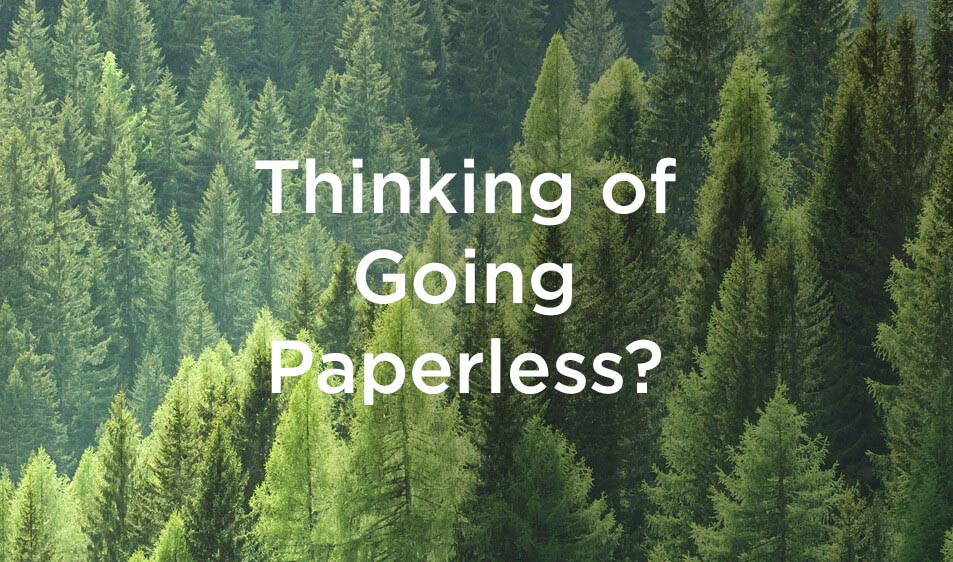 Forest of pine trees with the words Thinking of Going Paperless? overtop